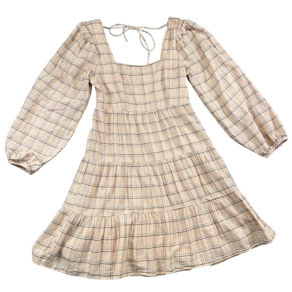 Vylette Linen Blend Plaid Babydoll Dress Puff Sleeves Peach Sz Sm Cottage Preppy